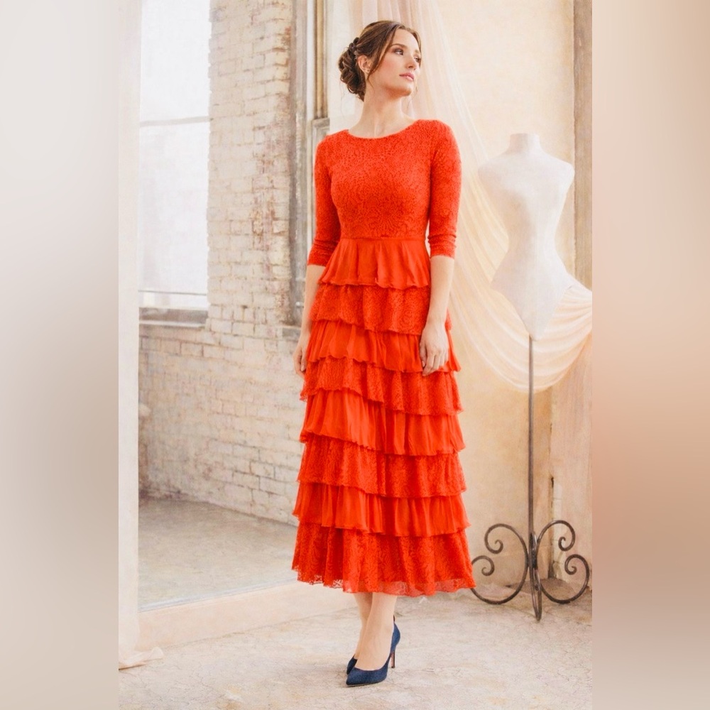 Dainty Jewells Coral Tiered Lace & Chiffon Maxi Dress